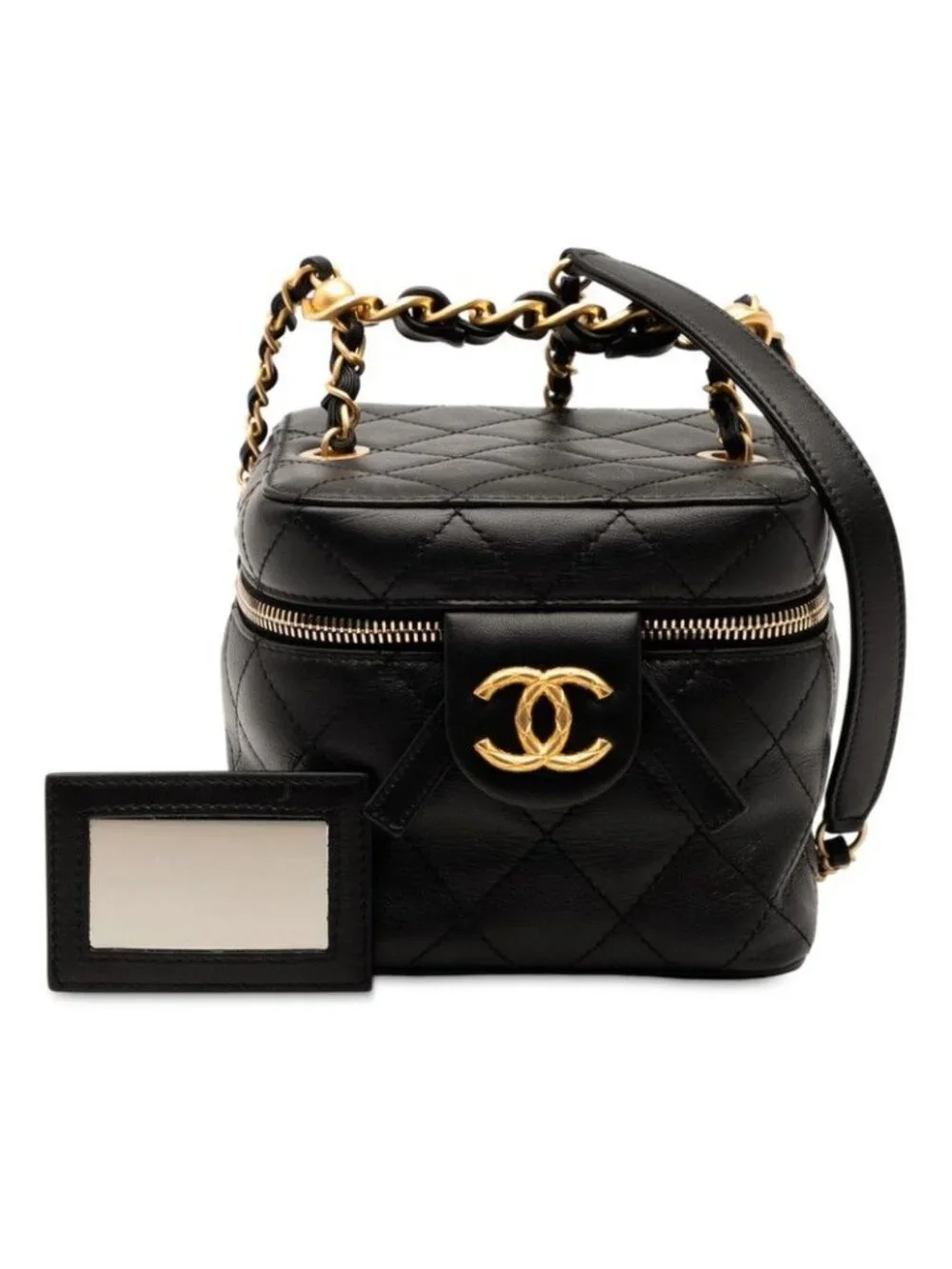 Chanel CC Logo Quilted Chain Shoulder Bag Vanity Black Lambskin